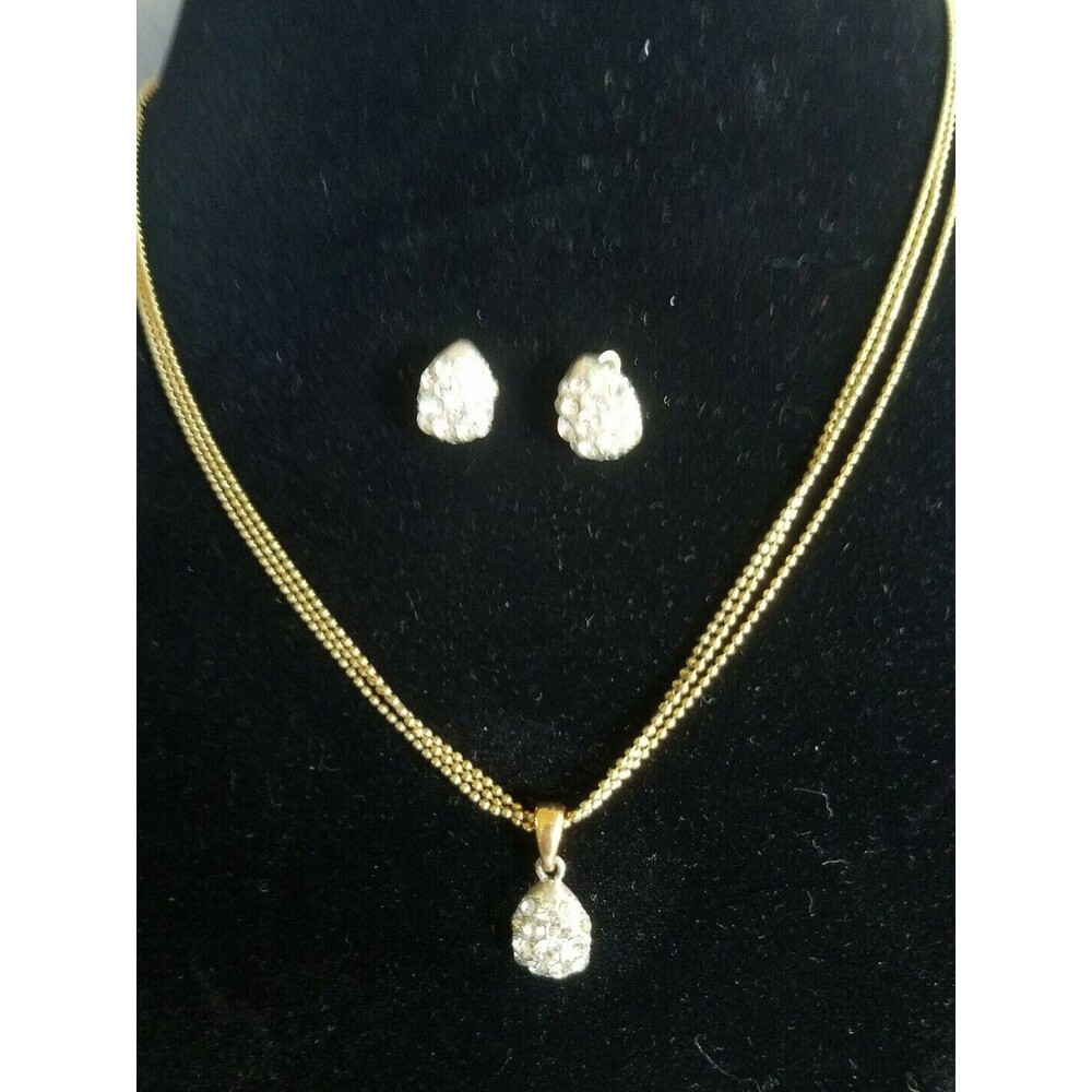 Vintage Avon HS gold tone 3 strand chaine w/rhinestone pendant and earrings set